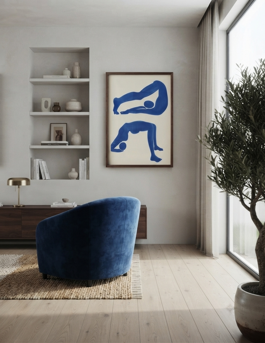Matisse Style Yoga Art Print in Blue by PrintHaus