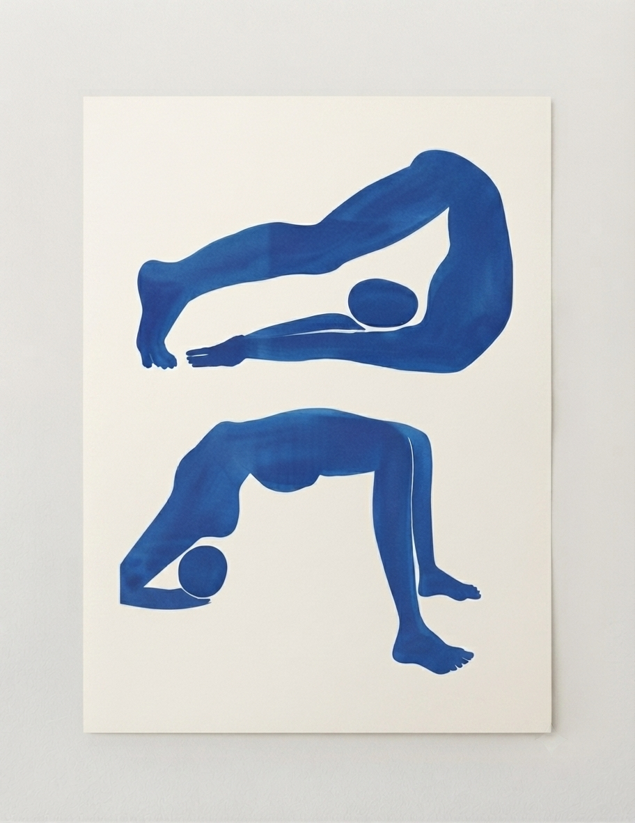 A Scandinavian Minimalist Blue Silhouette Print by PrintHaus featuring two blue watercolor-style human figures performing yoga poses on an off-white background, shown hanging against a light gray wall.