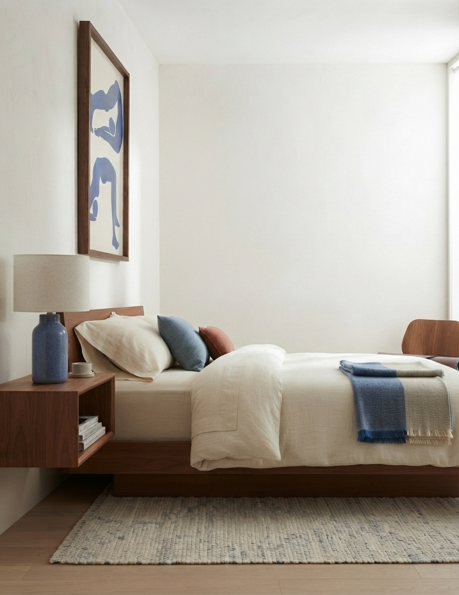 A minimalist bedroom scene featuring a low wooden bed frame with cream bedding, blue accent pillows and a folded blue throw blanket, a matching floating wooden nightstand with a blue ceramic lamp, and a framed Scandinavian Style Yoga Figure Poster by PrintHaus on a white wall.