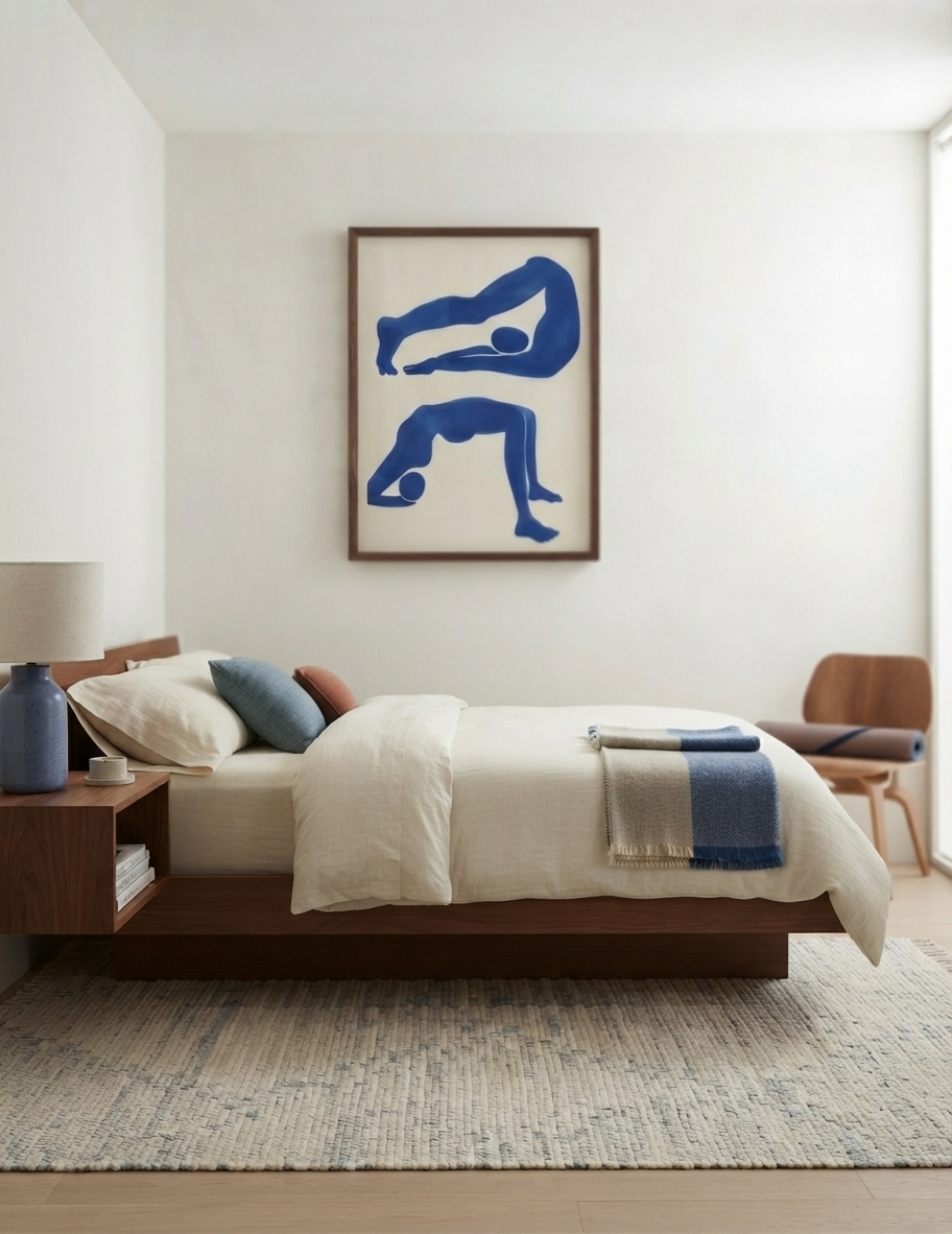 A modern bedroom featuring a low wooden bed with cream bedding, a blue accent pillow, and a matching blue throw blanket. Above the bed, a framed Abstract Yoga Pose Wall Art in Contemporary Blue by PrintHaus on a white wall.