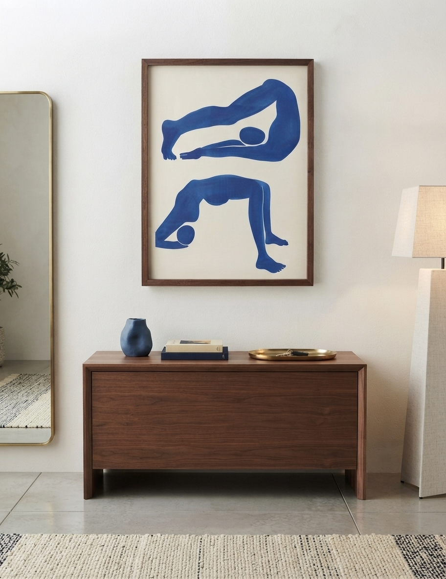 Blue Minimalist Yoga Poster for Modern Interiors by PrintHaus on a entryway wall art decor.