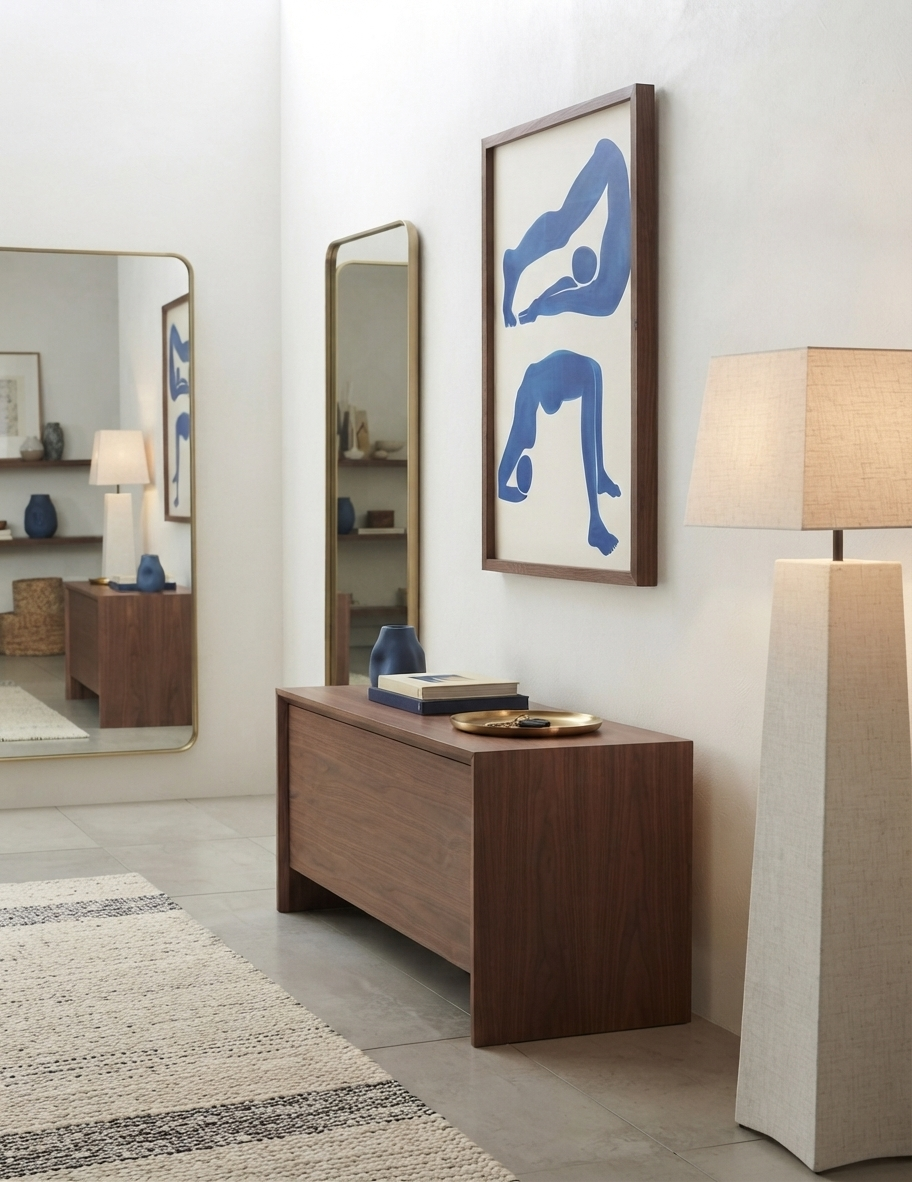 A modern interior scene featuring a dark wood console table against a white wall, decorated with a Contemporary Blue Abstract Body Art Print by PrintHaus in a wooden frame, a blue vase, and books. A tall floor lamp stands to the right, and mirrors reflect the room on the left.