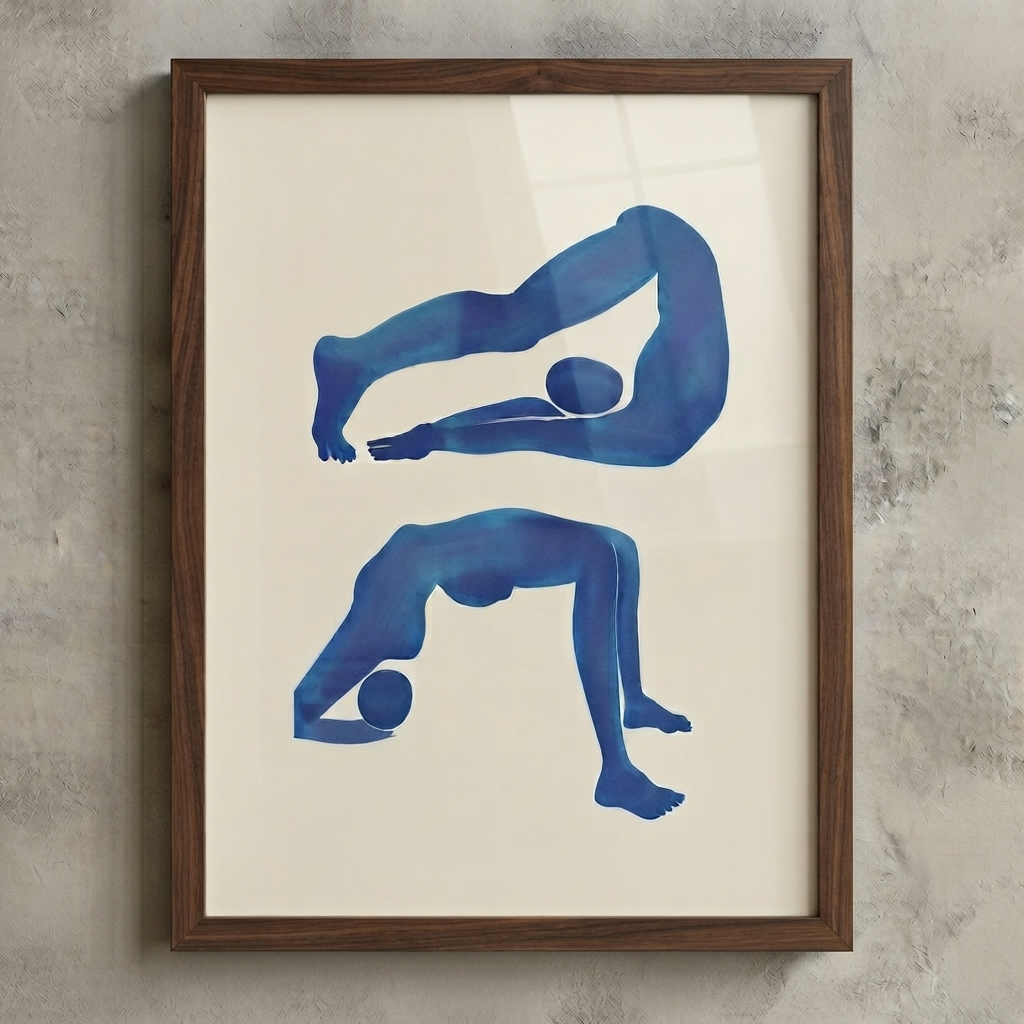 Framed Serene Blue and Cream Wall Art Print by PrintHaus featuring two blue watercolor-style human body silhouettes in yoga or stretching poses on an off-white background, set in a dark brown wood frame against a textured gray wall.