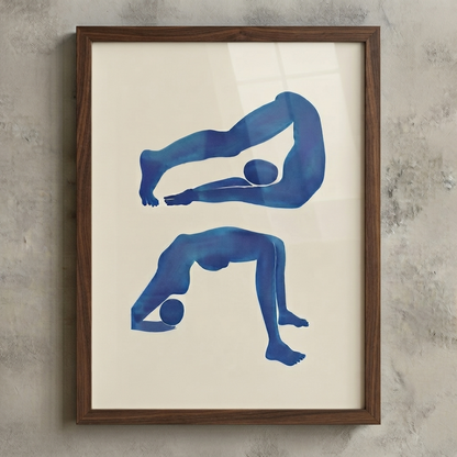 Framed Serene Blue and Cream Wall Art Print by PrintHaus featuring two blue watercolor-style human body silhouettes in yoga or stretching poses on an off-white background, set in a dark brown wood frame against a textured gray wall.