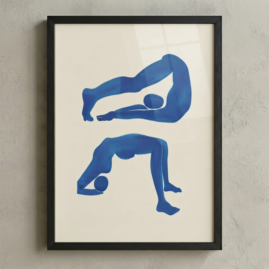 Framed Deep Navy Blue Minimalist Body Silhouette Print by PrintHaus featuring two blue silhouetted yoga poses on an off-white background, hung on a textured light gray wall.