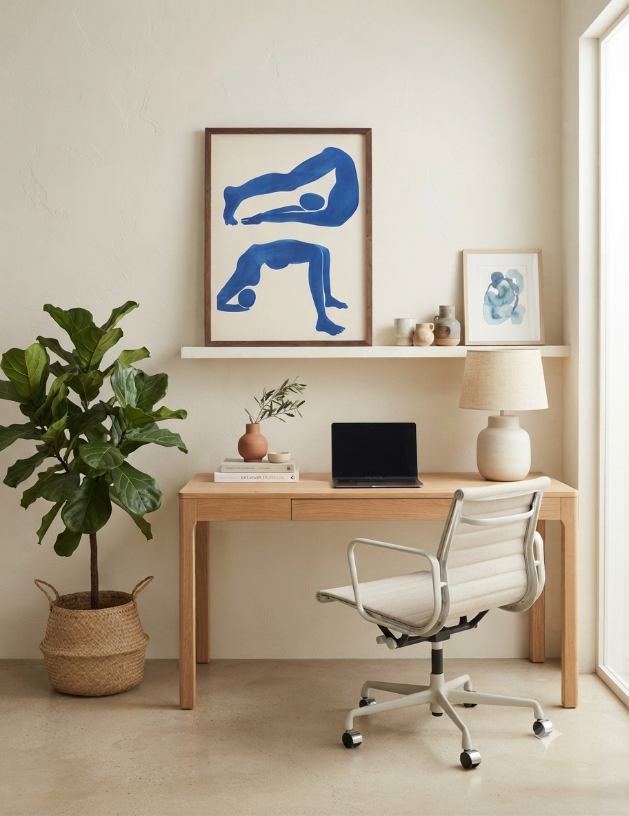 A styled home office scene featuring a light wood desk with a white swivel chair, a white shelf with Mid-Century Modern Yoga Print with a Blue Figure by PrintHaus framed art, and a large green potted plant on a beige wall.