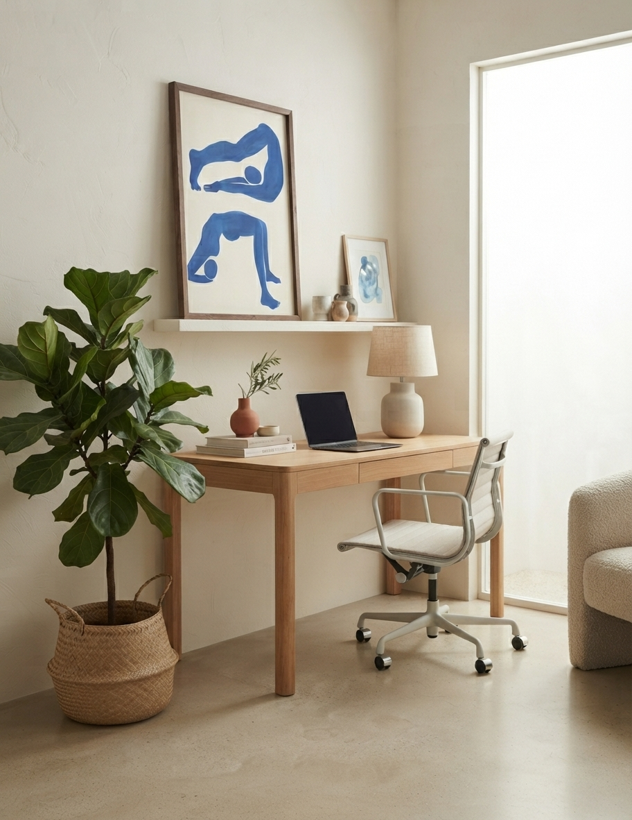 A modern home office setup featuring a light wood desk with a white swivel chair, a potted fiddle-leaf fig plant in a woven basket, and a wall-mounted shelf displaying framed Boho Blue Minimalist Art Print for Home Décor by PrintHaus. The room has warm beige walls and a bright window on the right.