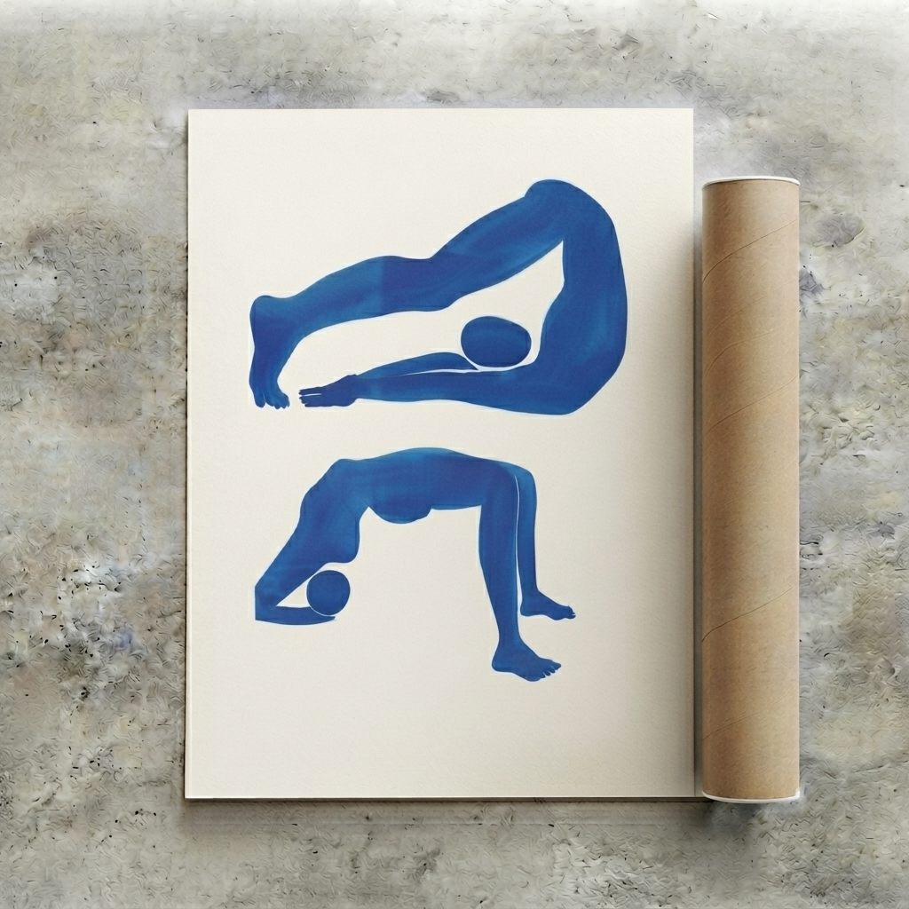 A rolled Statement Blue Wall Art for Living Room by PrintHaus, poster showing two blue silhouettes of yoga poses on an off-white background, placed on a textured gray surface next to a brown cardboard roll.