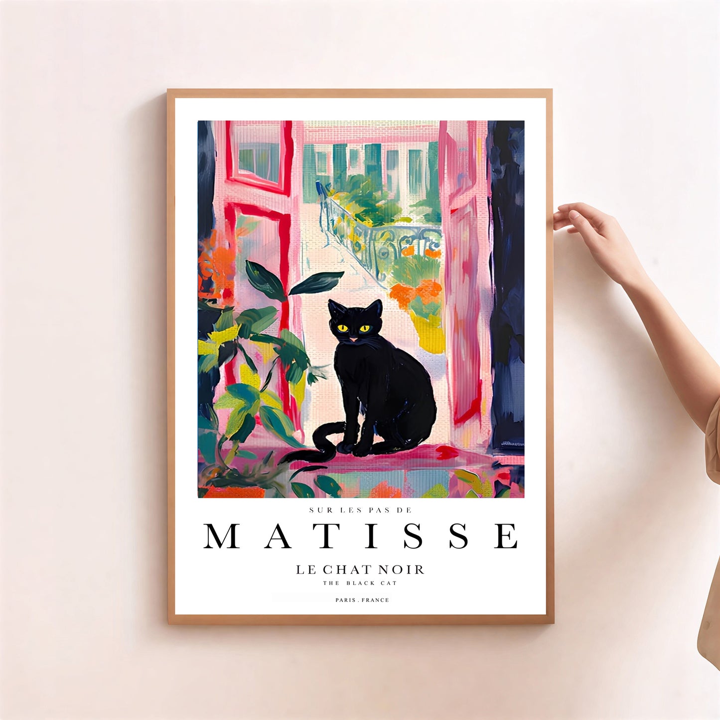 Contemporary colorful art print with black cat silhouette