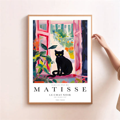 Contemporary colorful art print with black cat silhouette