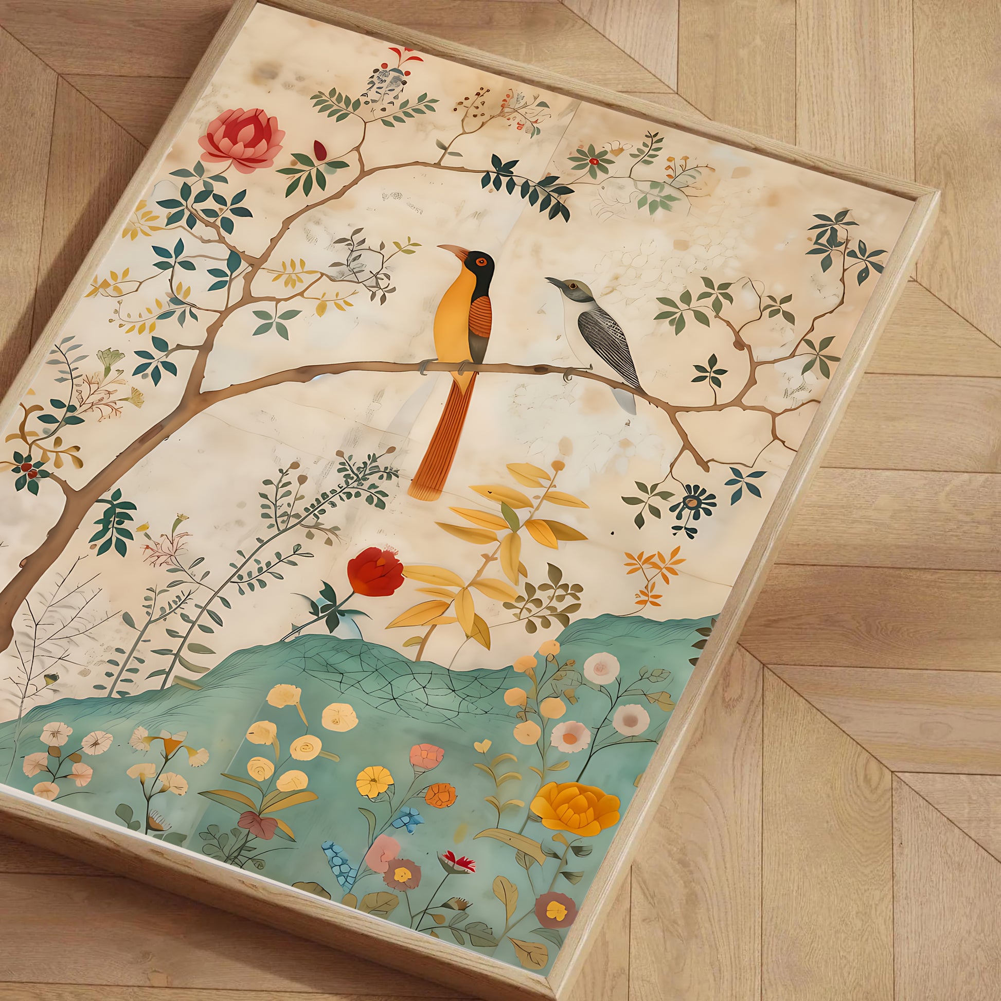 Decorative rug with birds and floral design on a wooden floor