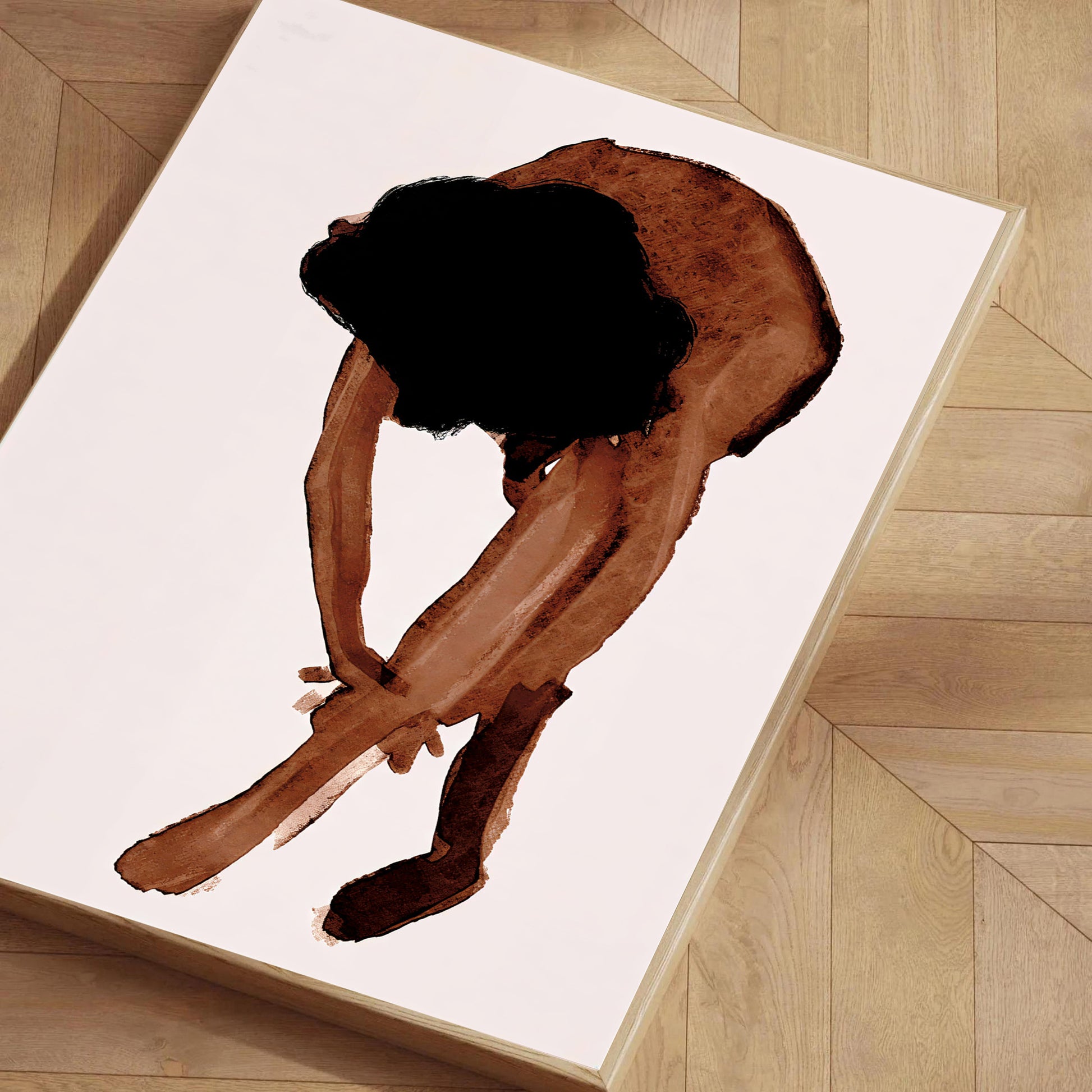 Artistic depiction of a person sitting on a white surface with a wooden floor background