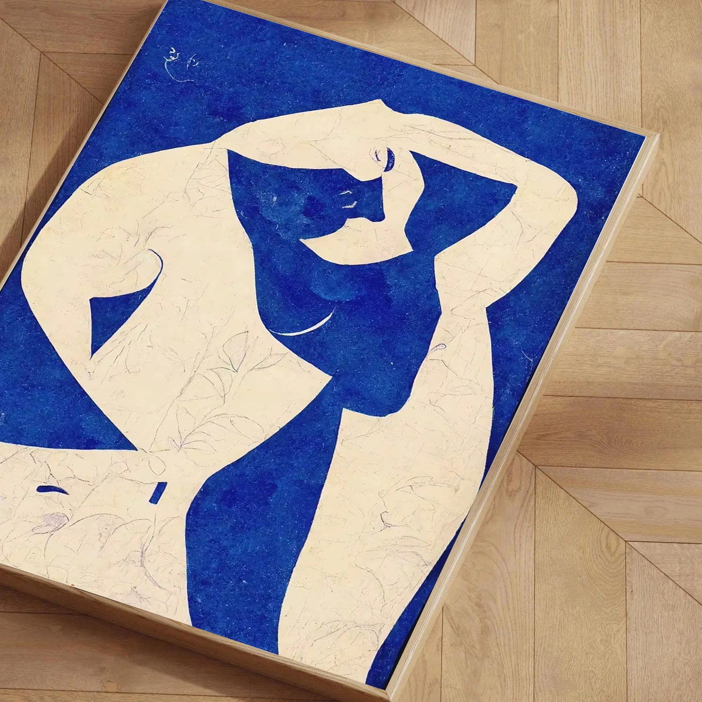 Decorative rug with abstract design of a reclining figure on a wooden floor