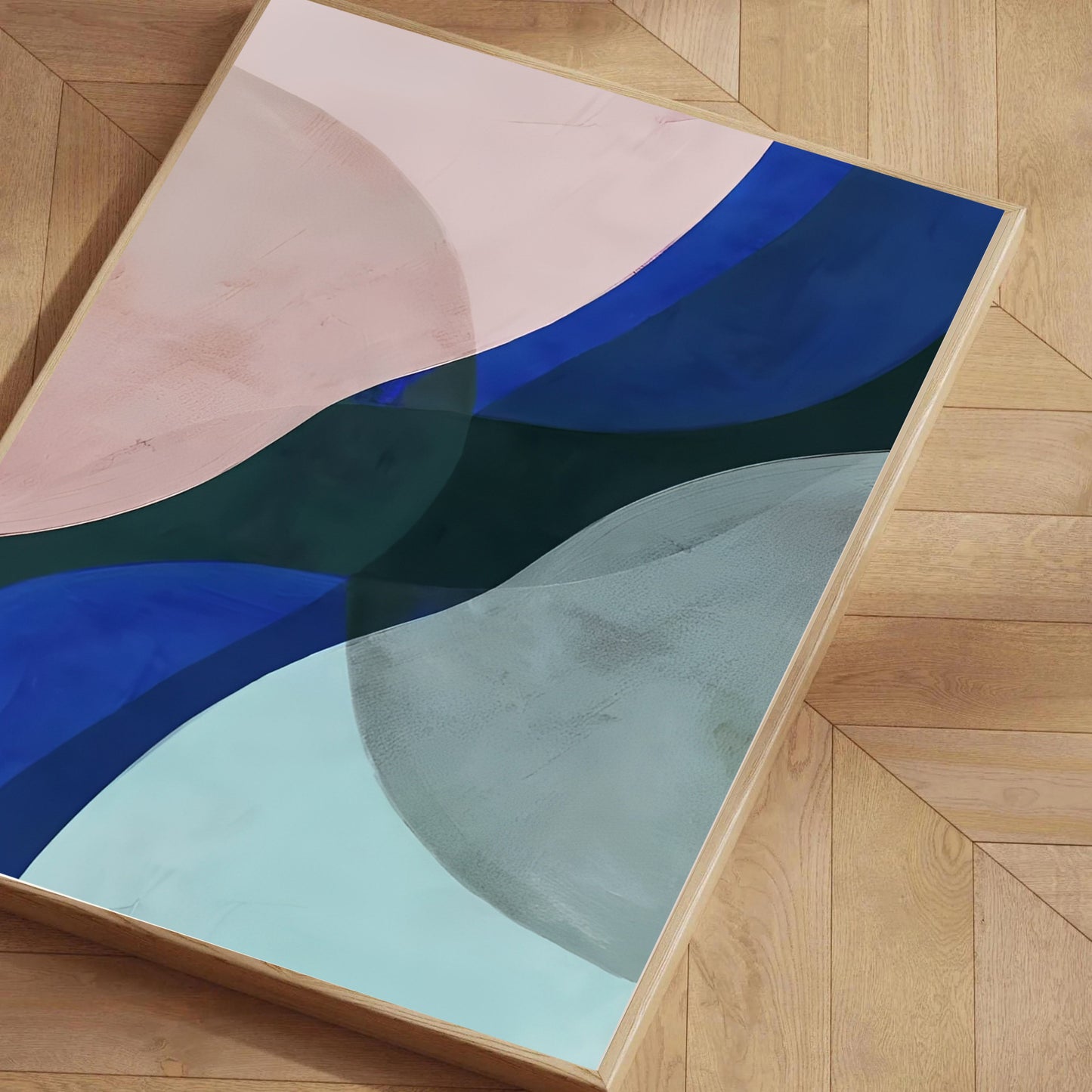 Colorful abstract rug on a wooden floor