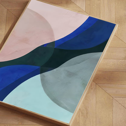 Colorful abstract rug on a wooden floor