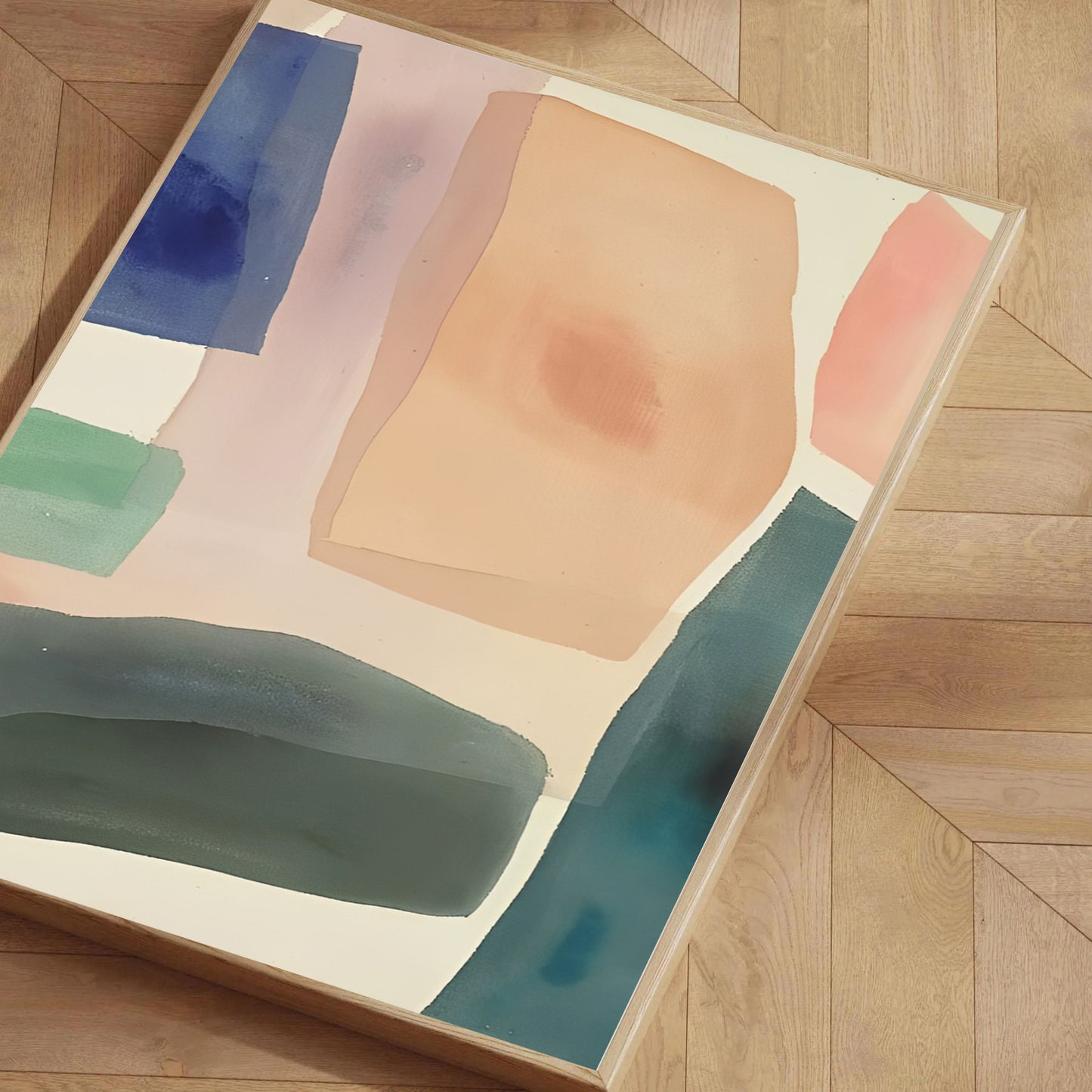 Abstract art piece with colorful geometric shapes on a wooden floor.