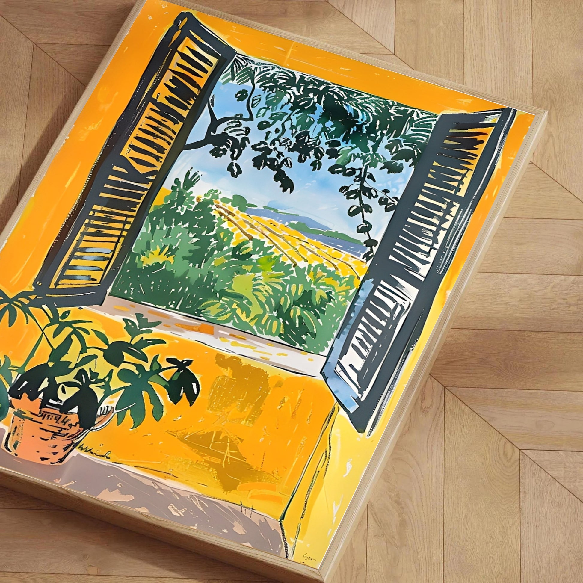 Matisse-inspired window art with open shutters and plant