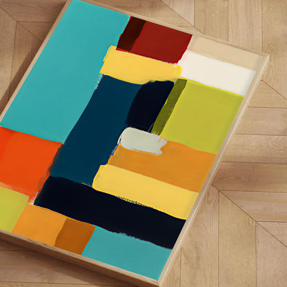 Colorful abstract painting on a wooden floor
