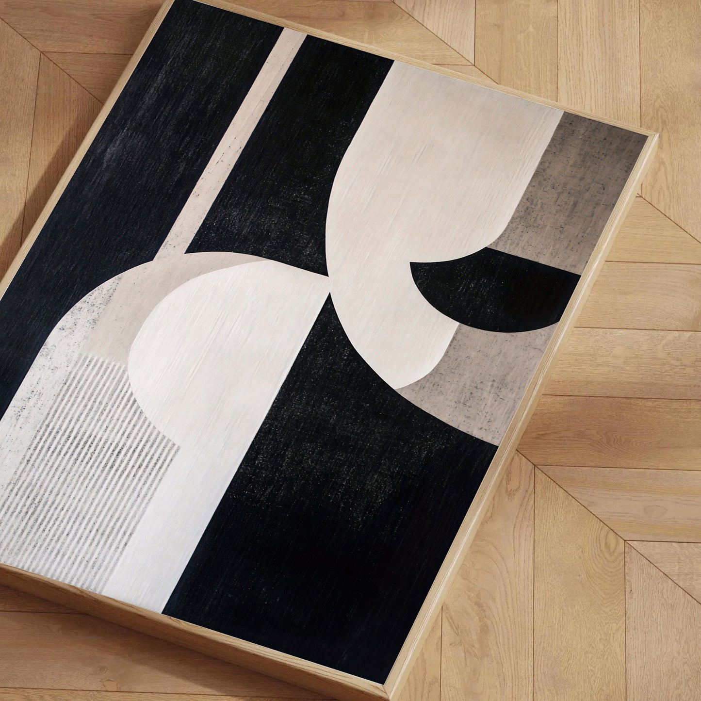 Abstract area rug with geometric shapes on a wooden floor