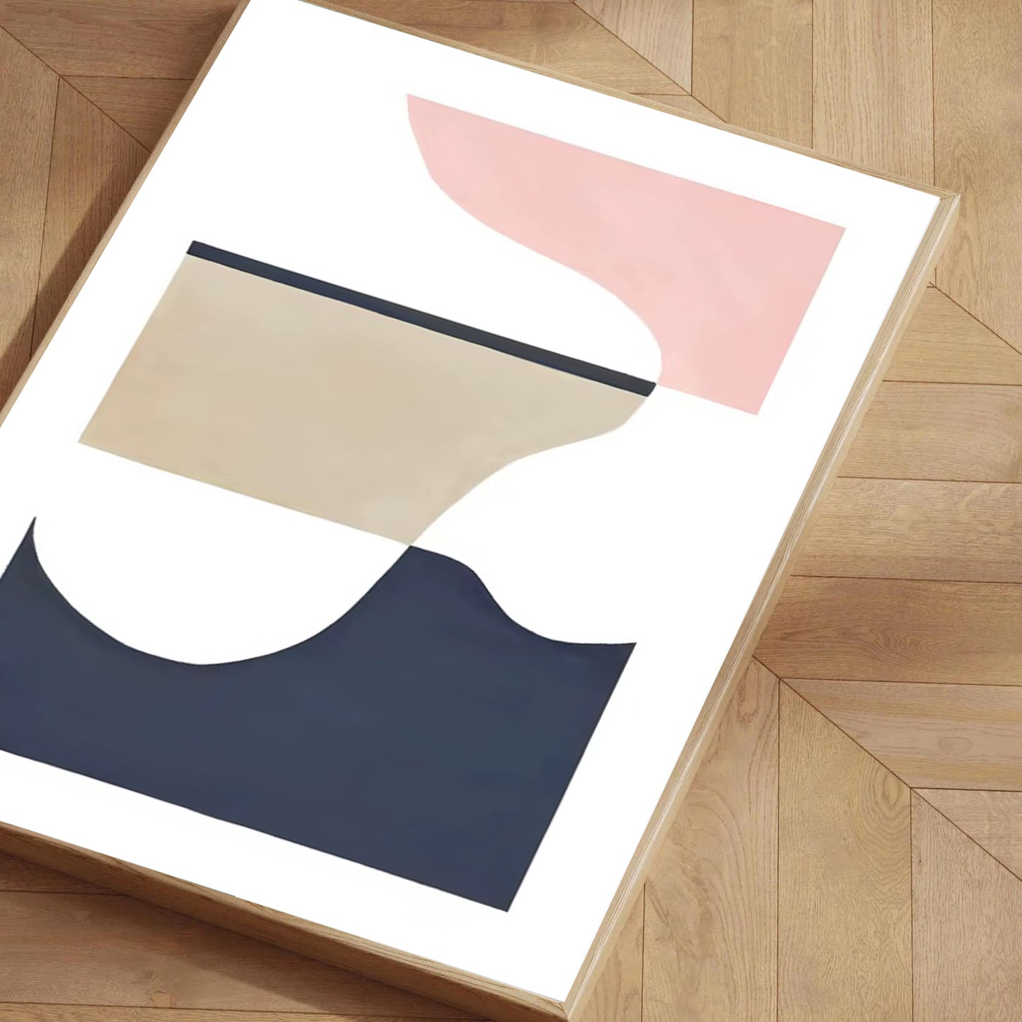 Abstract art print with geometric shapes on a wooden floor