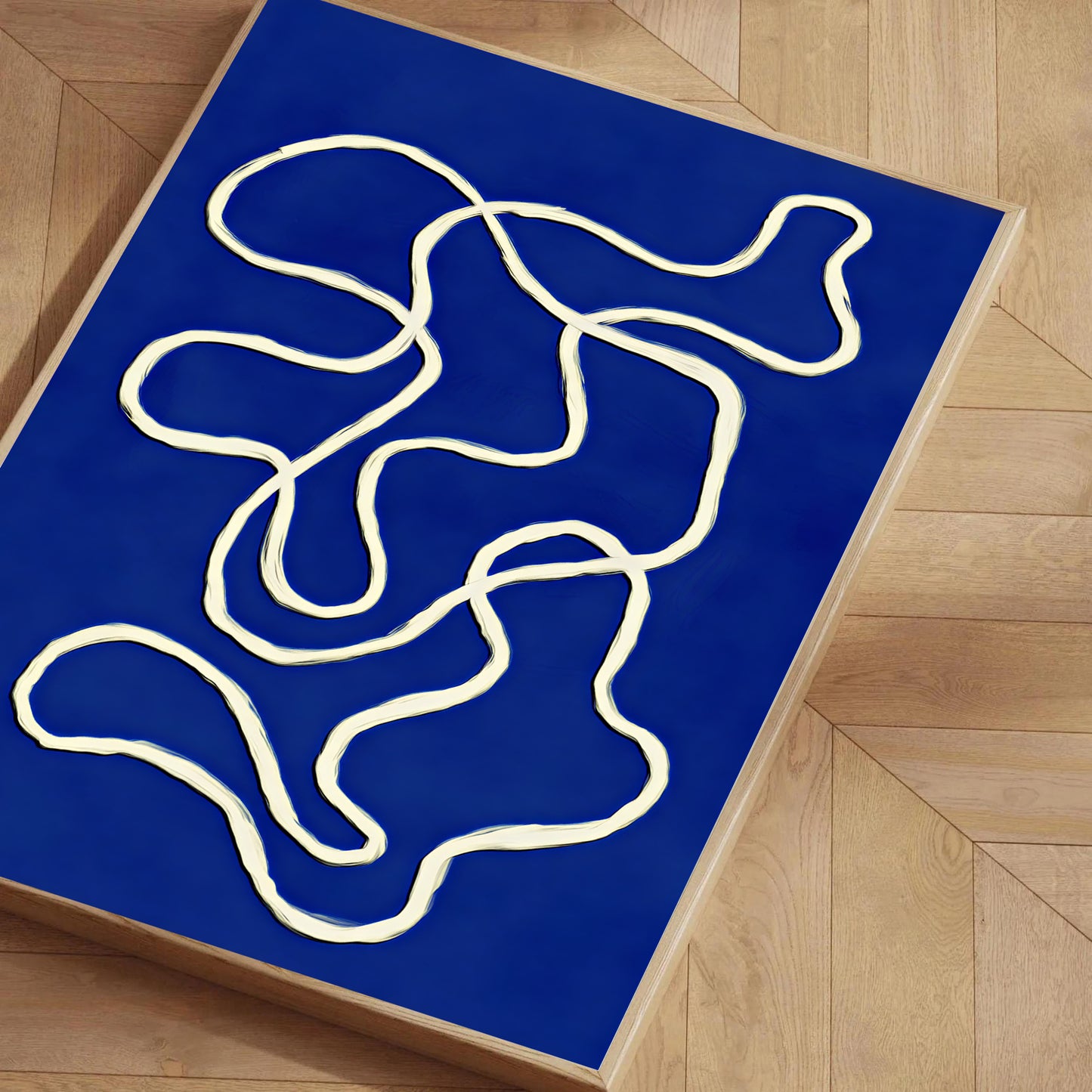 Abstract white line design on a blue mat on a wooden floor