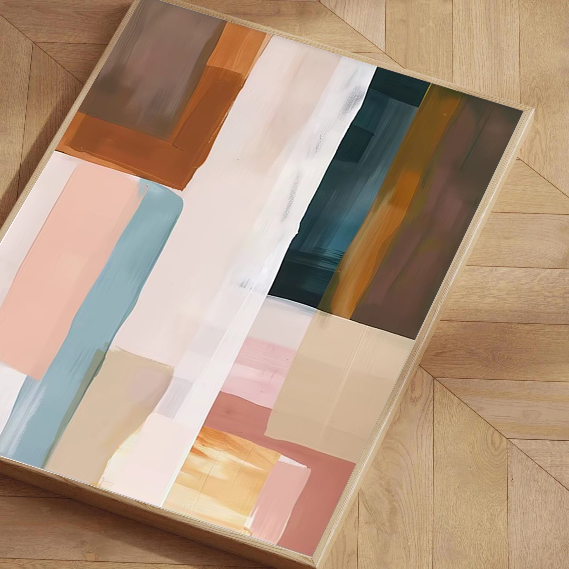 Colorful abstract patterned rug on a wooden floor