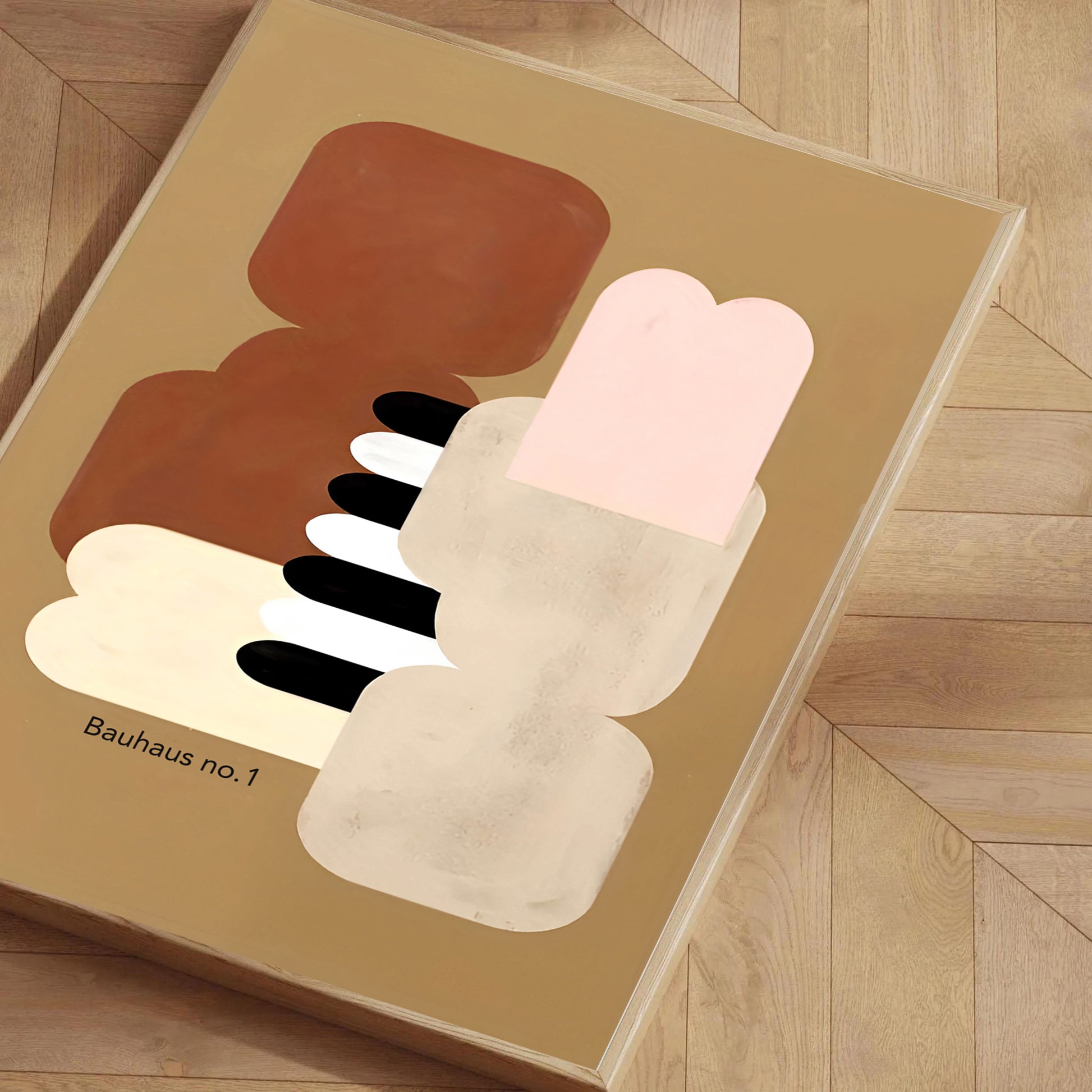 Abstract art print titled 'Bauhaus no. 1' on a wooden surface