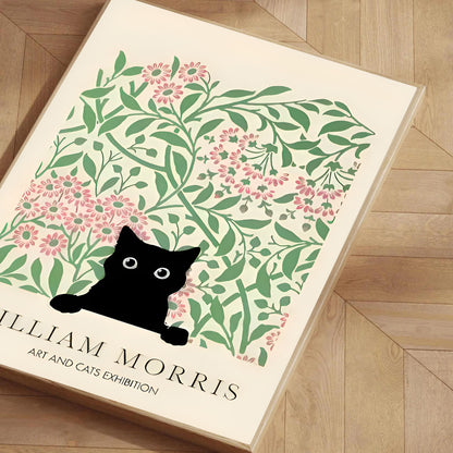 Poster with a black cat and floral design on a wooden floor