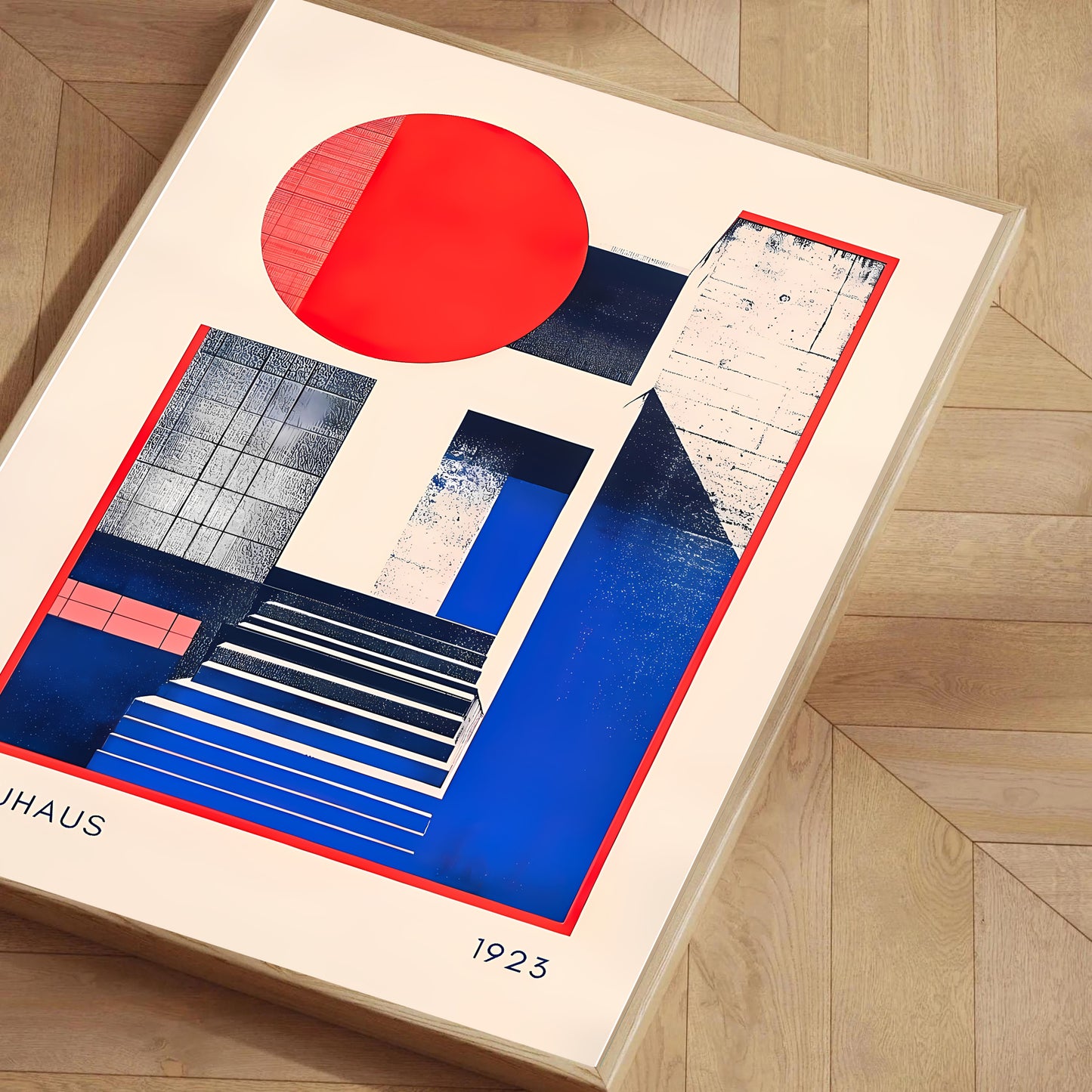 Abstract art print with geometric shapes on a wooden floor