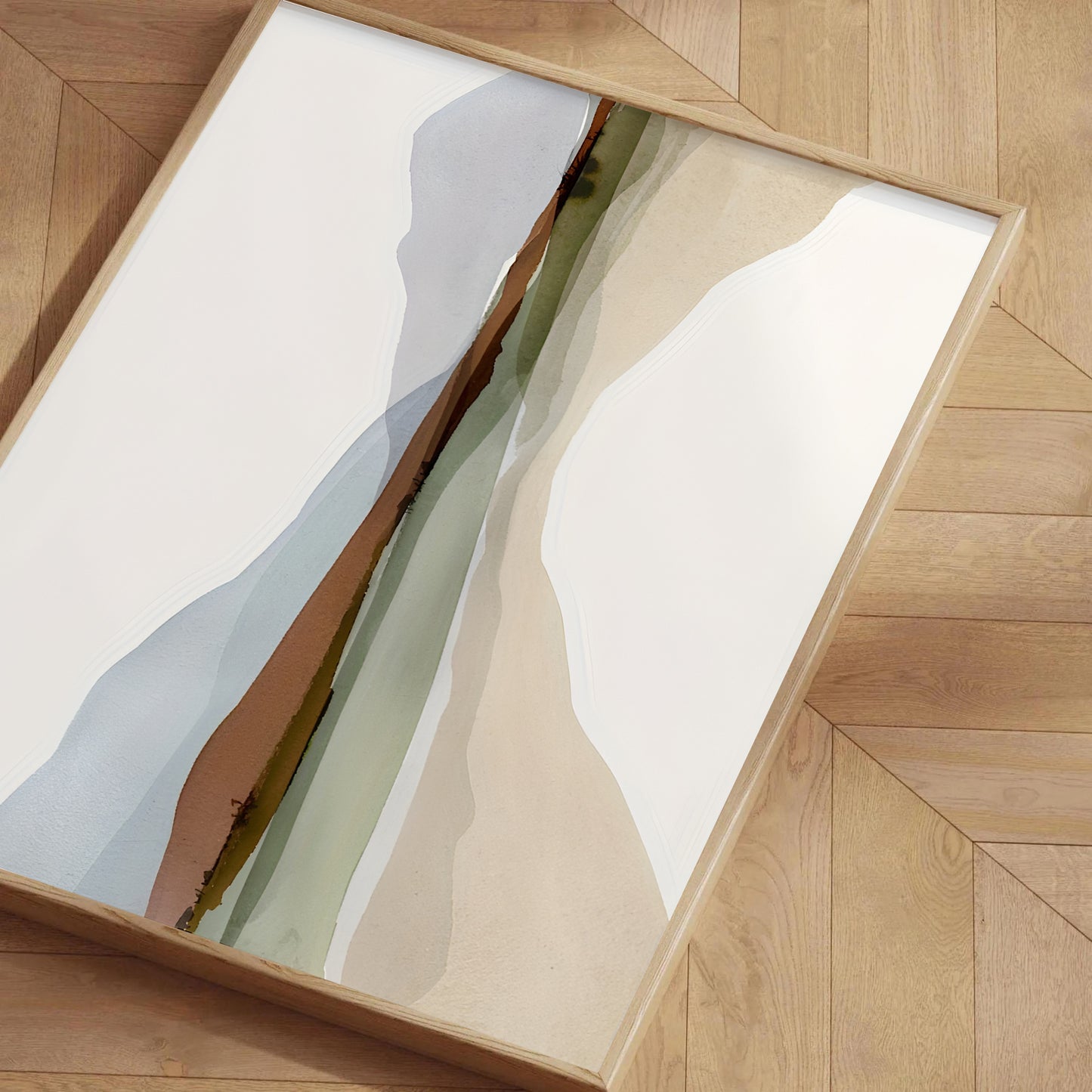 Abstract art piece with wavy lines in a wooden frame on a wooden wall.