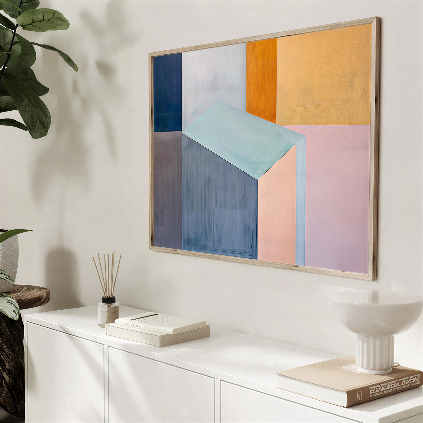 Contemporary abstract geometric poster with soft pastel tones and clean architectural forms