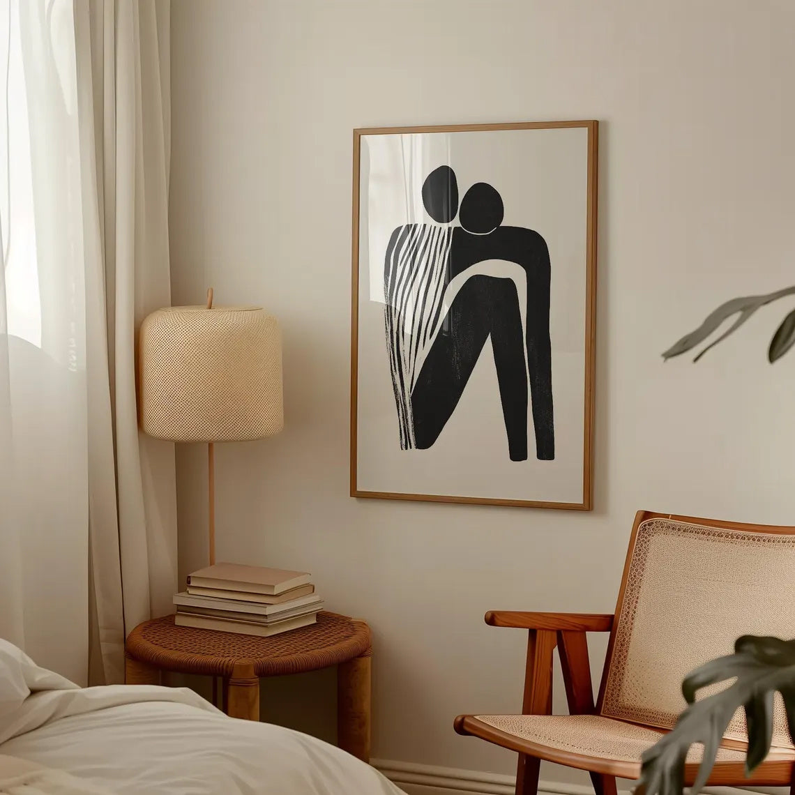 Room interior with a lamp, books, and abstract art on the wall.