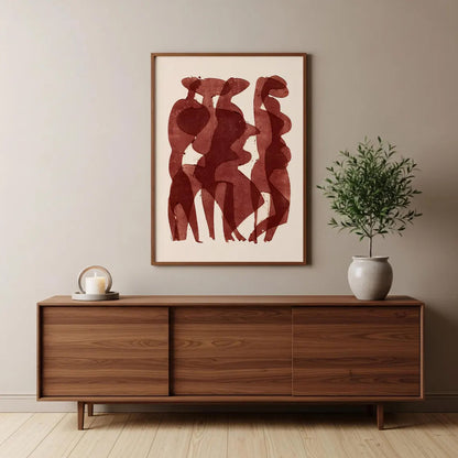 Wooden sideboard with abstract art and plant against a beige wall