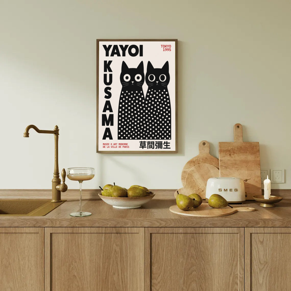 Kitchen counter with a Yayoi Kusama Inspired Black Cat Poster 