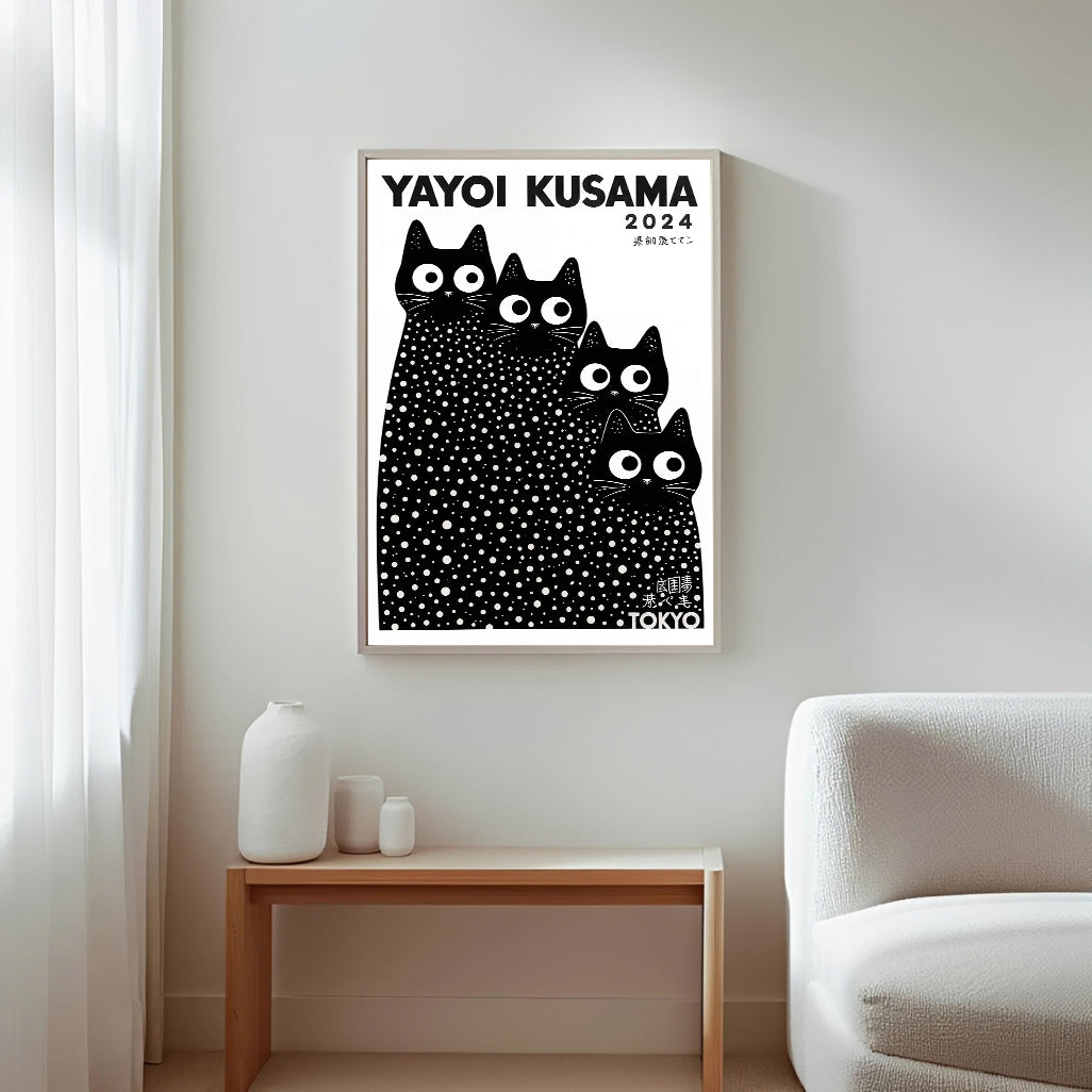 Yayoi Kusama Cats Print with Black Polka Dot wall art for living room decor