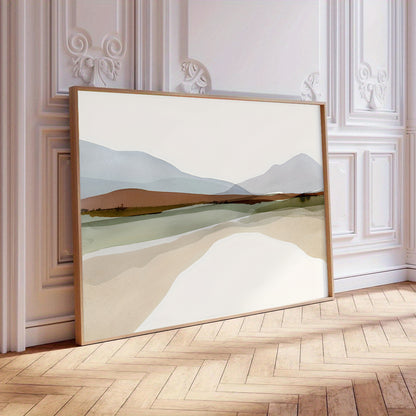 Framed abstract landscape art on a wall with decorative molding.