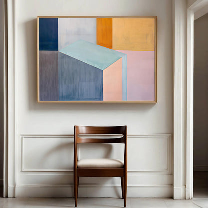 Geometric abstract wall art with pastel shapes and modern minimalist design