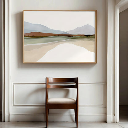 Abstract landscape painting on a wall above a wooden chair with a white cushion.