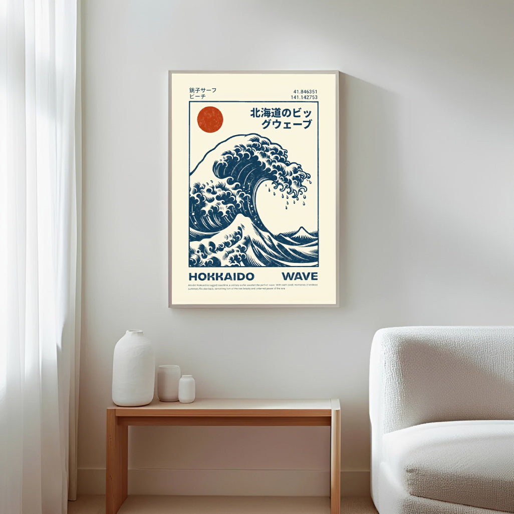 Framed artwork of a Hokusai Wave Poster Print design on a wall in a room with a table and chair.