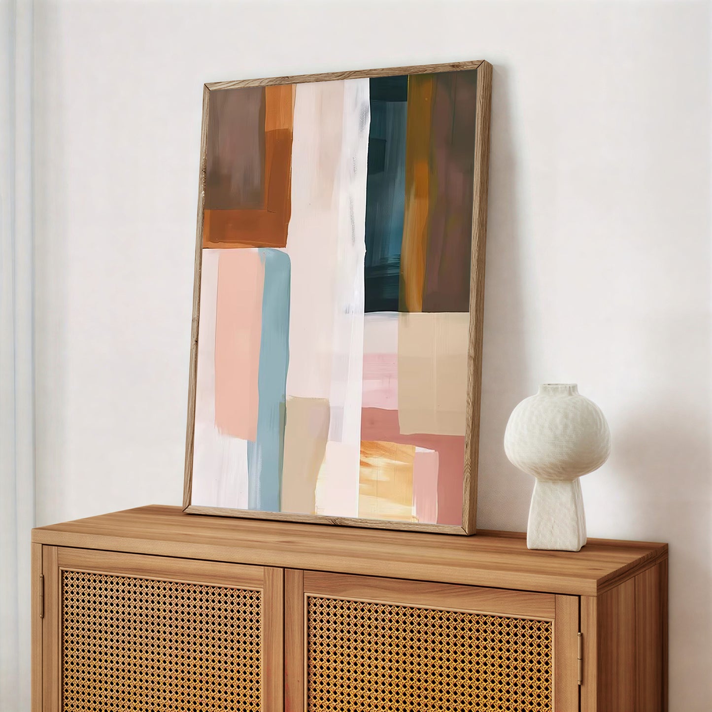 Abstract art piece on a wooden cabinet with a white vase.