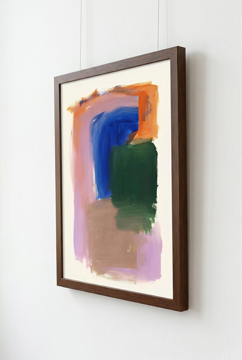 Framed Colorful Modern Abstract Art Print with colorful brush strokes on a white wall
