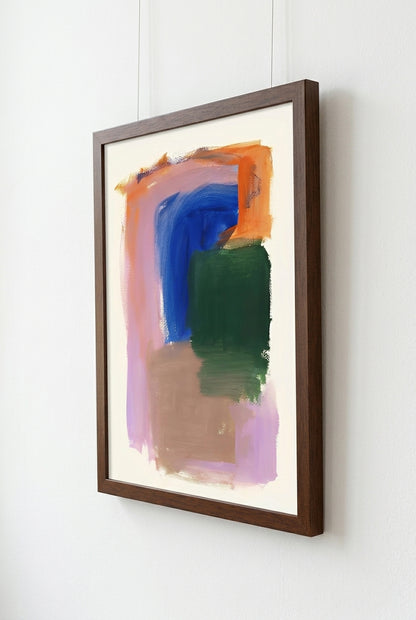 Framed Colorful Modern Abstract Art Print with colorful brush strokes on a white wall