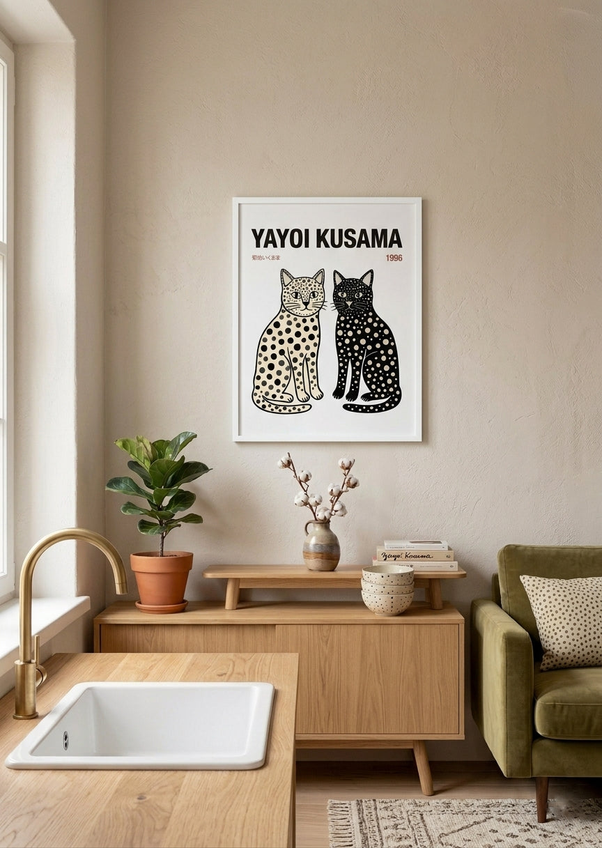 white framed Yayoi Kusama cat print 1996 polka dot cat wall art PrintHaus framed or unframed poster