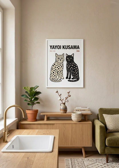 white framed Yayoi Kusama cat print 1996 polka dot cat wall art PrintHaus framed or unframed poster