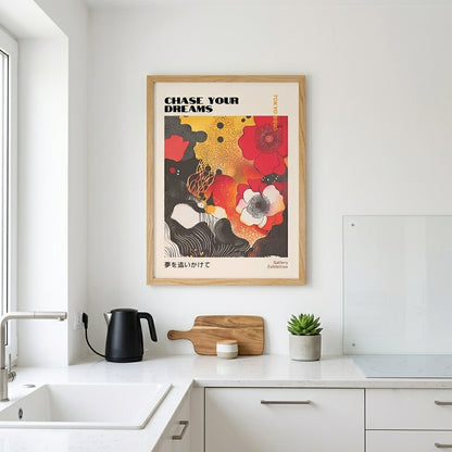 framed Japanese Graphic Poppy Art Print for Japandi home décor by PrintHaus on  kitchen wall decor.