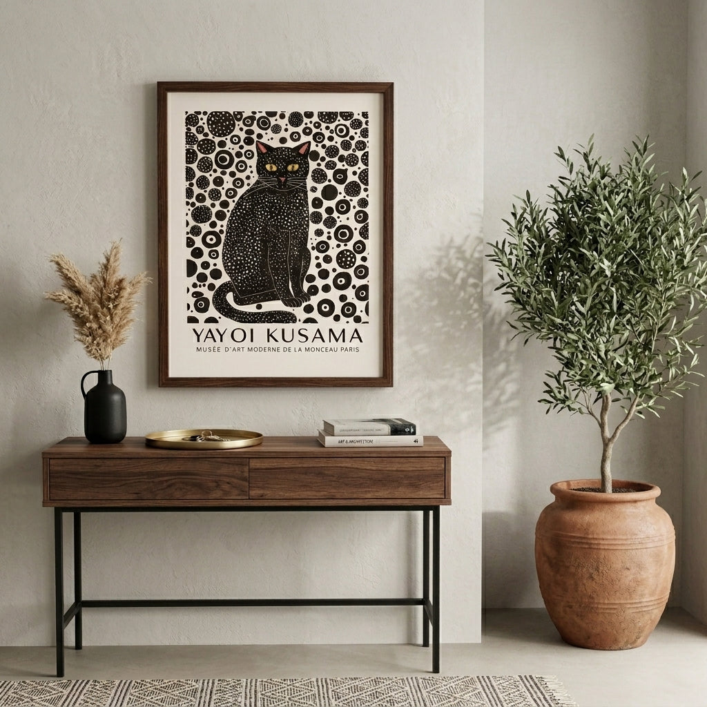 Minimalist Black Cat Art Print and abstract dot-pattern cat poster by PrintHaus on a entryway wall art decor.