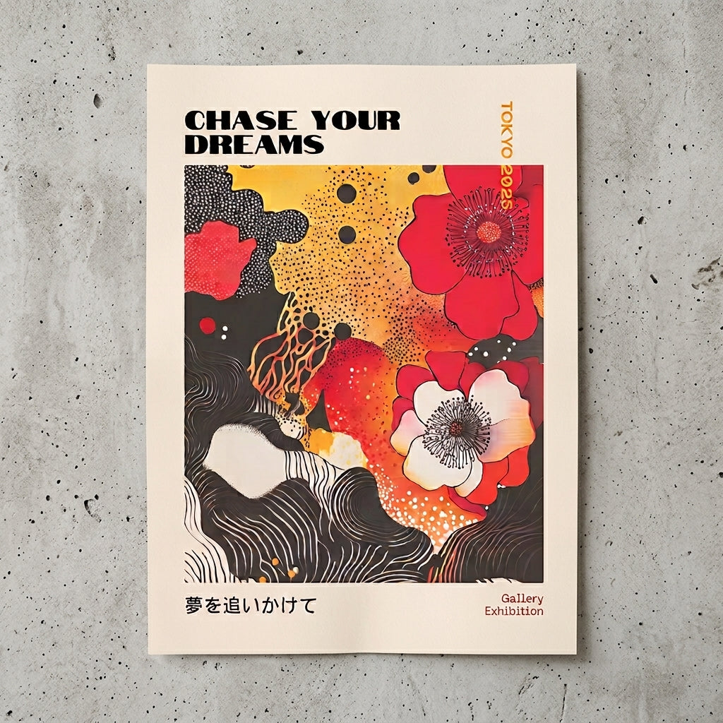 Japanese Graphic Poppy Art Print with vibrant botanical artwork and abstract waves by PrintHaus