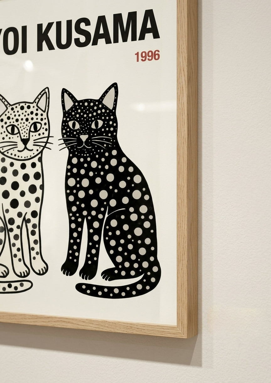 Framed Black and white Kusama cat poster modern abstract cat artwork PrintHaus wall decor print
