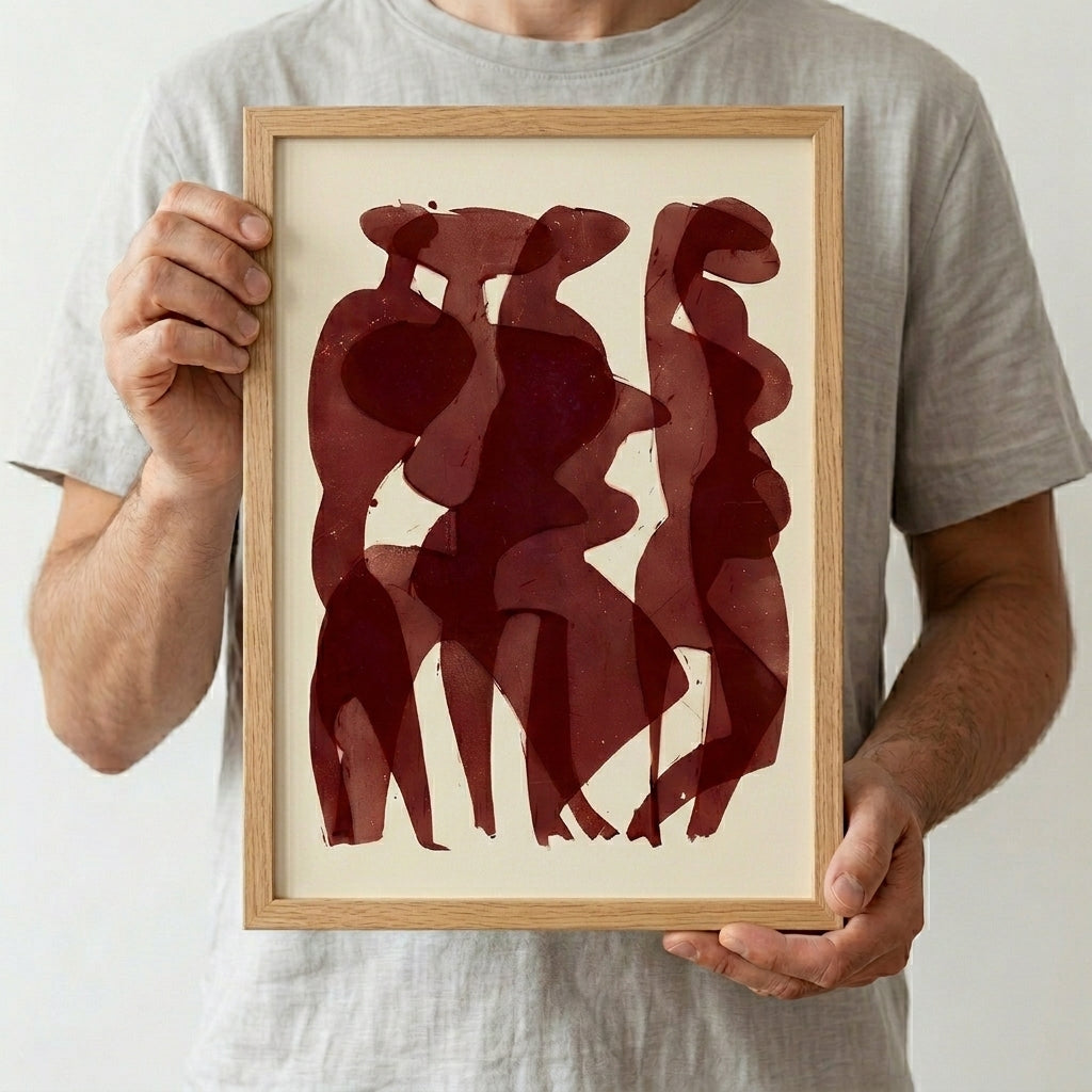 Person holding a framed Red Tones Abstract Figurative Art Print