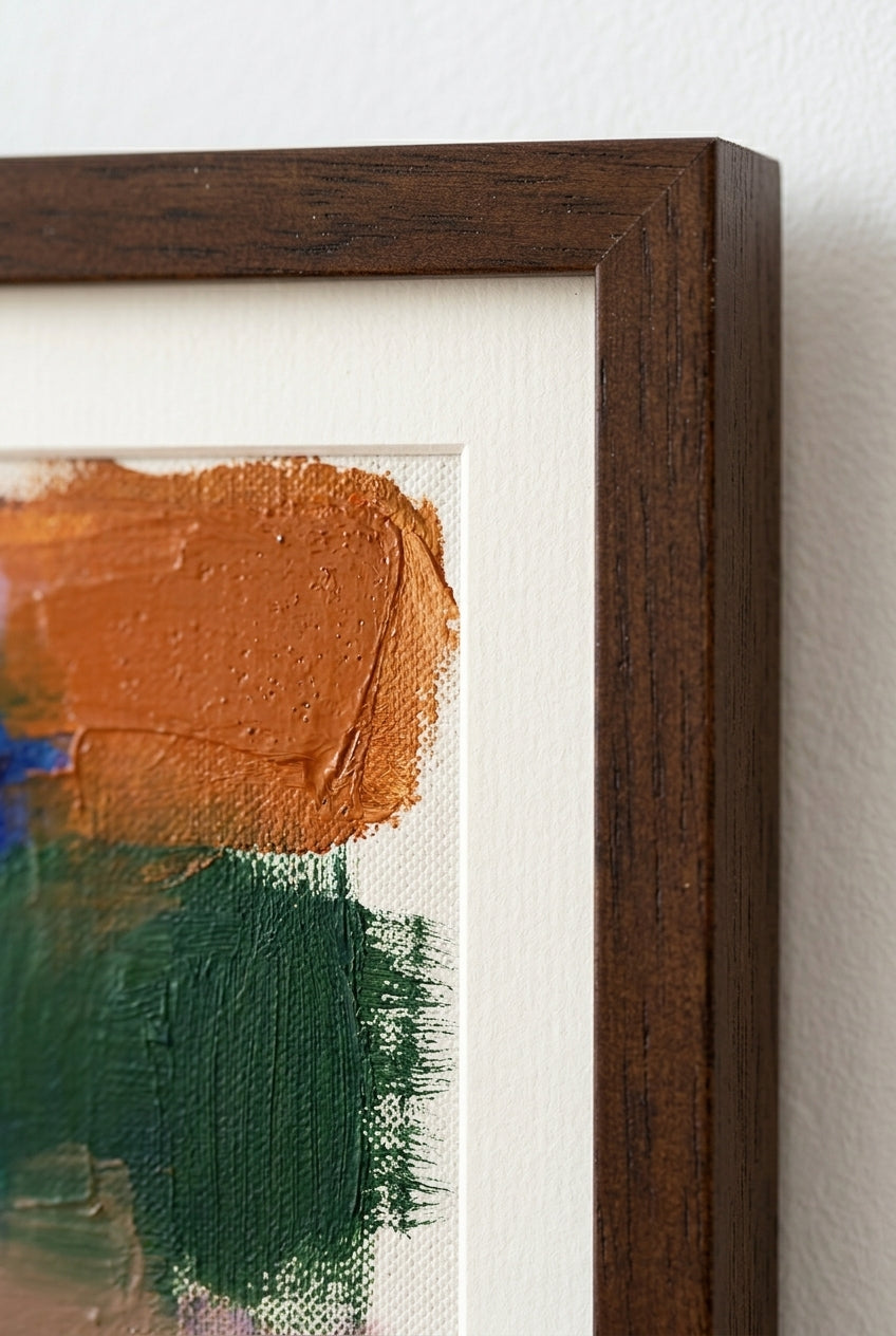 Colorful Modern Abstract Art Print with brown and green strokes in a wooden frame.